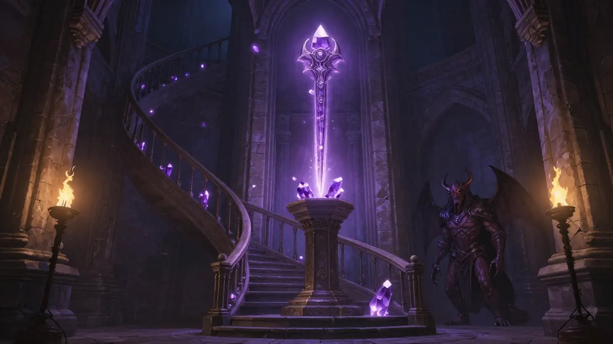 The interior of a tall stone mage tower with a spiral staircase and glowing purple crystals