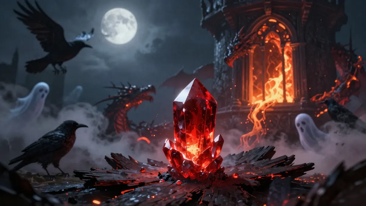 A smoldering red ember crystal on a charred plank in a haunted mage tower