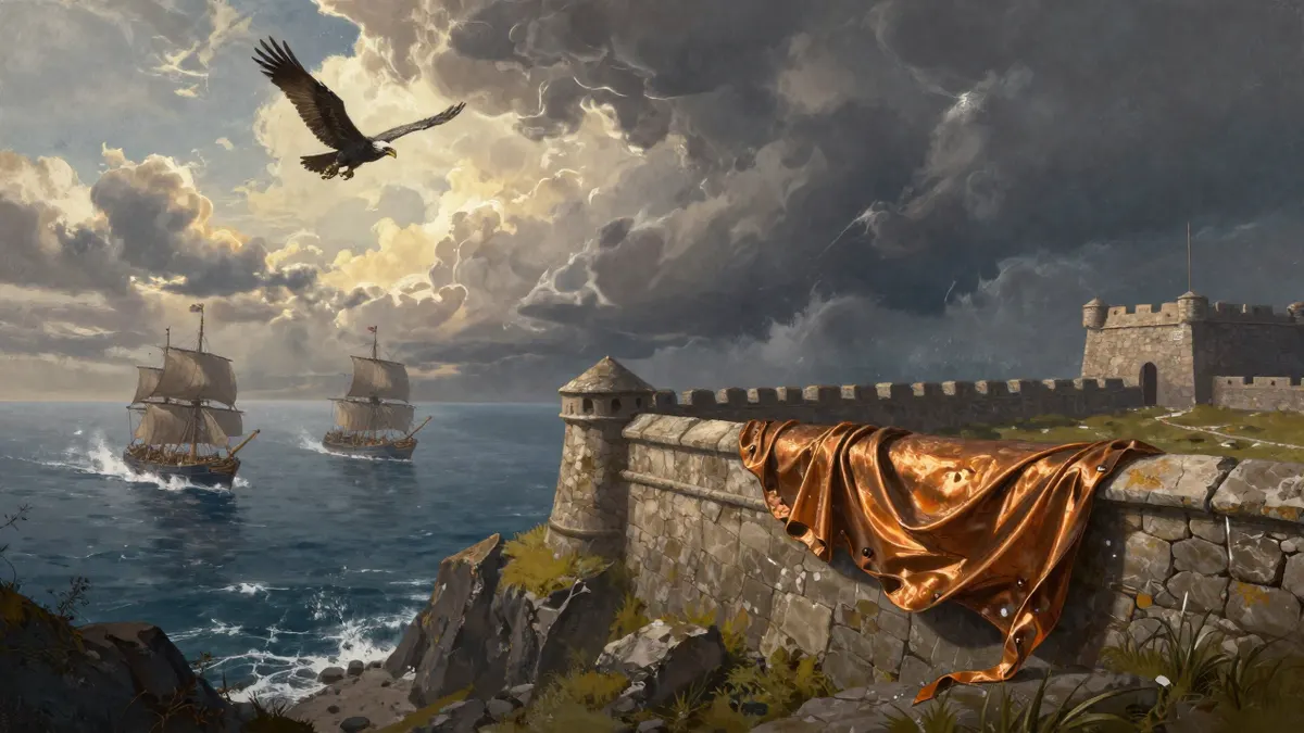 A battle-scarred plain bronze cloth draped over a stone parapet of a fortress on a windy coastal cliff