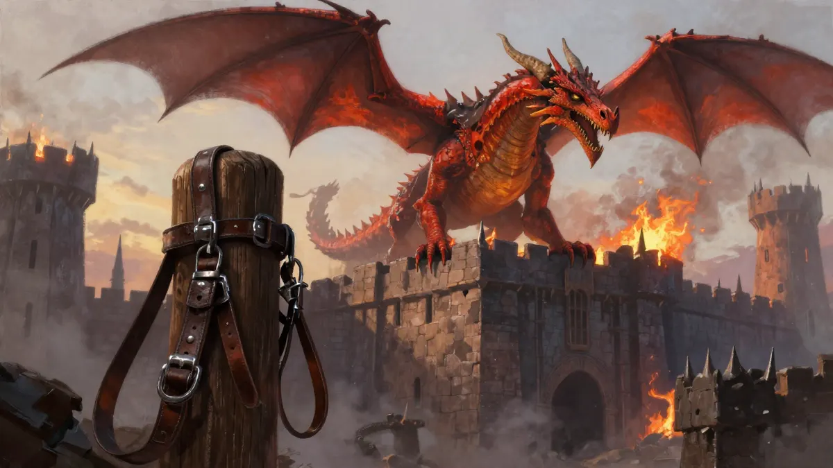 A heavy iron bridle and leather reins on a wooden post in a spiked orc fortress city