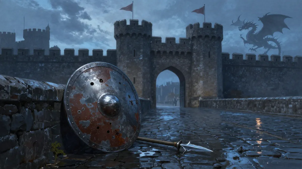 A dented steel war shield and a broken spear on wet cobblestones before the gate of a great stone castle city