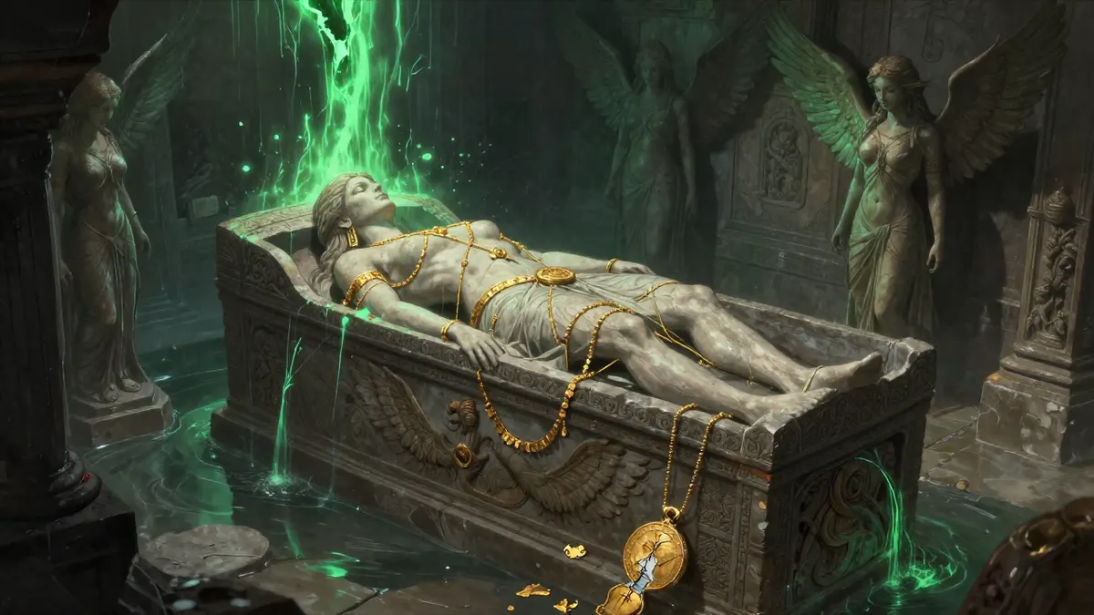 An ancient stone sarcophagus carved with winged figures in a vast flooded tomb