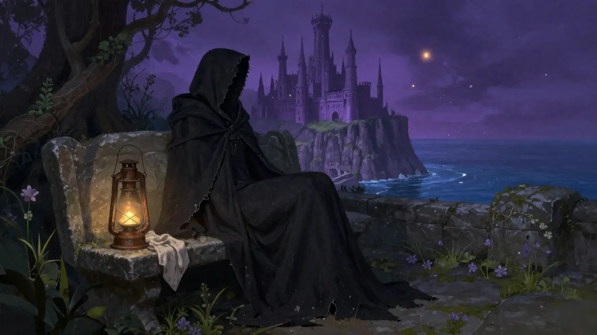 A tattered black cloak on a stone bench in a moonlit elven garden, a rusted lantern and a folded cloth
