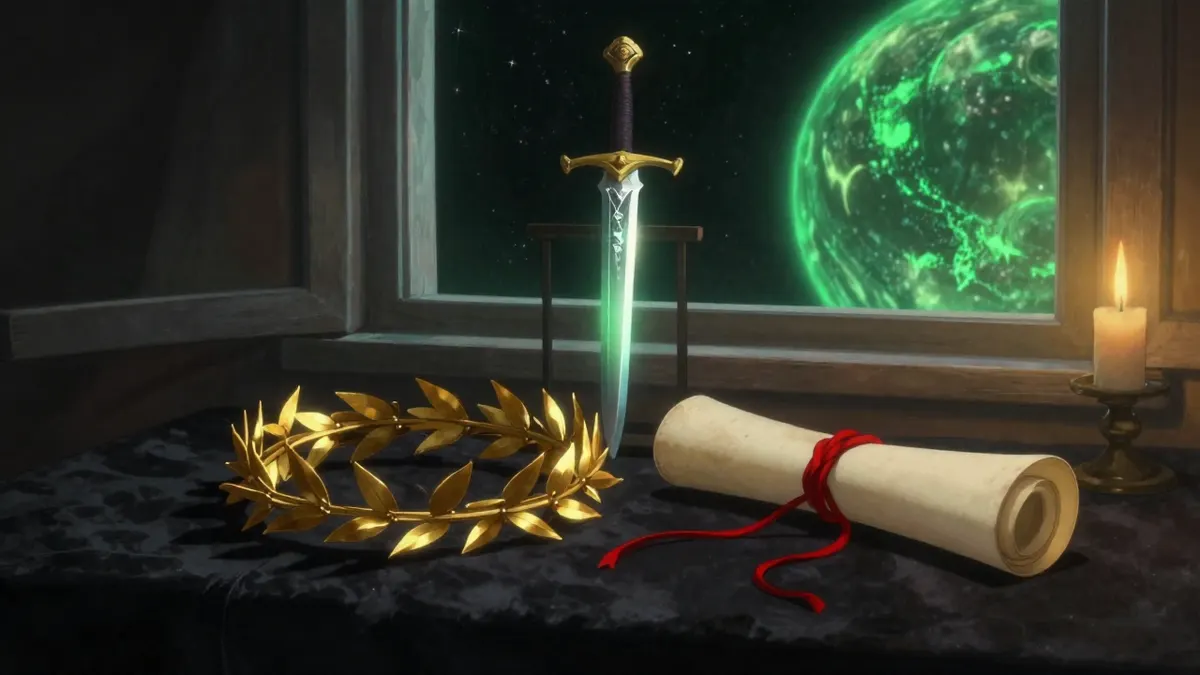 A golden laurel crown on dark velvet beside a rolled scroll tied with a red cord