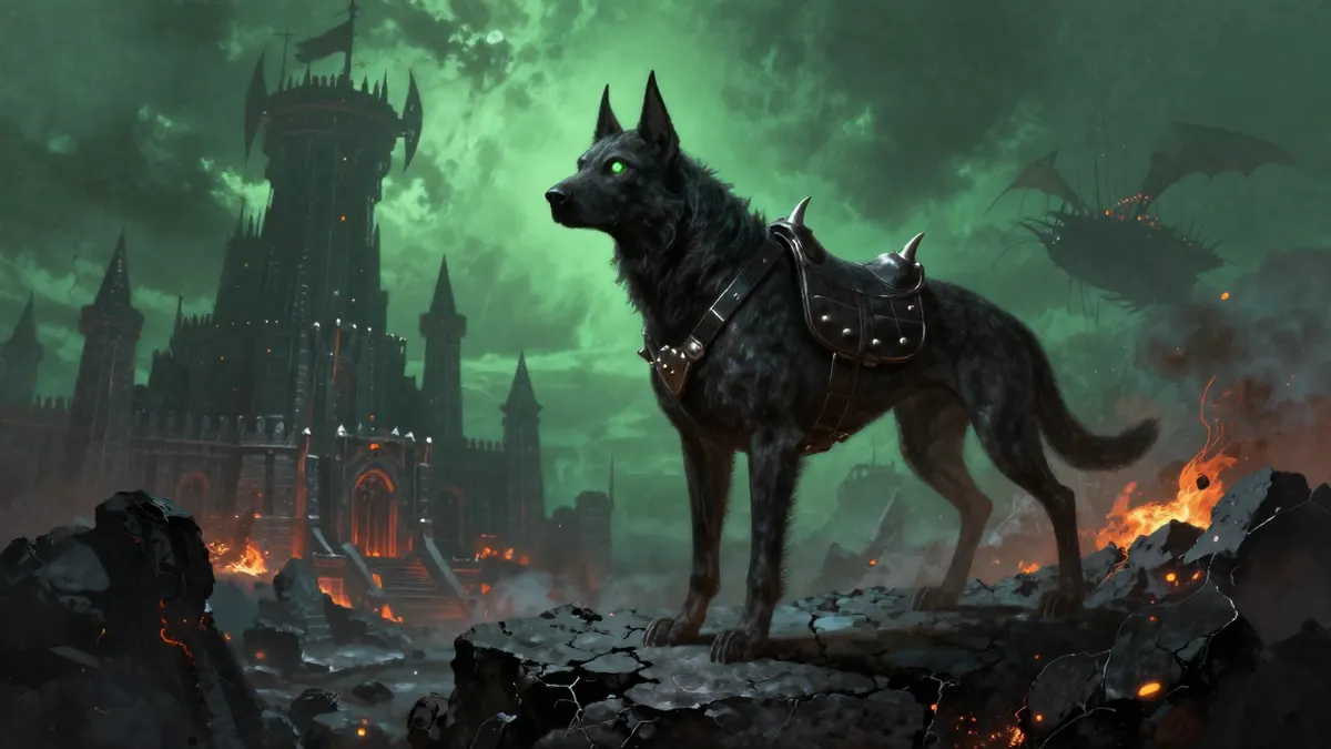 A dark armored demonic hound with glowing green eyes and a spiked saddle on cracked volcanic rock