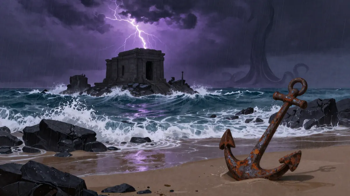 Dark stormy ocean waves crashing against jagged black rocks around a half-sunken temple, purple lightning in the clouds