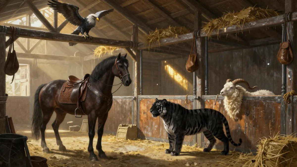 A large fantasy stable at morning with a saddled armored war horse