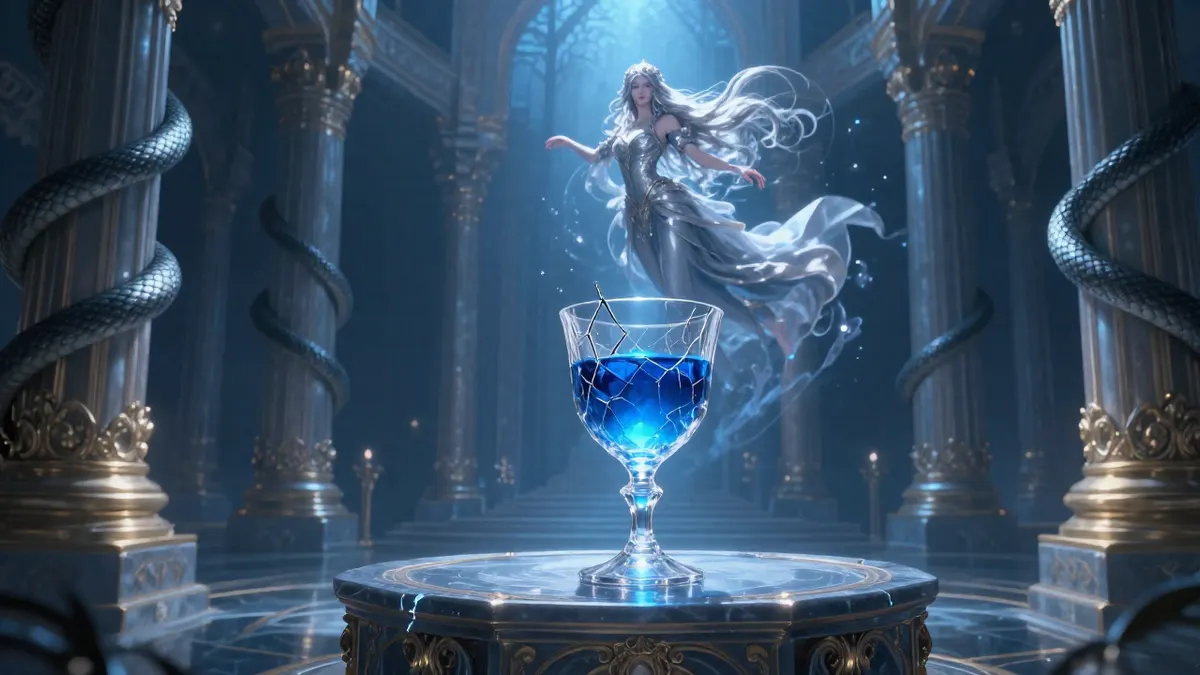 A cracked crystal goblet of glowing blue liquid on an ornate obsidian altar in a sunken palace