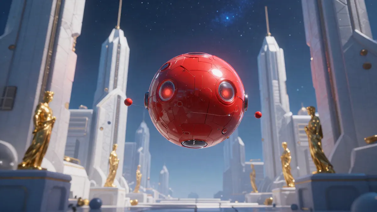 A floating red mechanical sphere with glowing eyes and small orbiting spheres in a giant titan city of white and blue stone