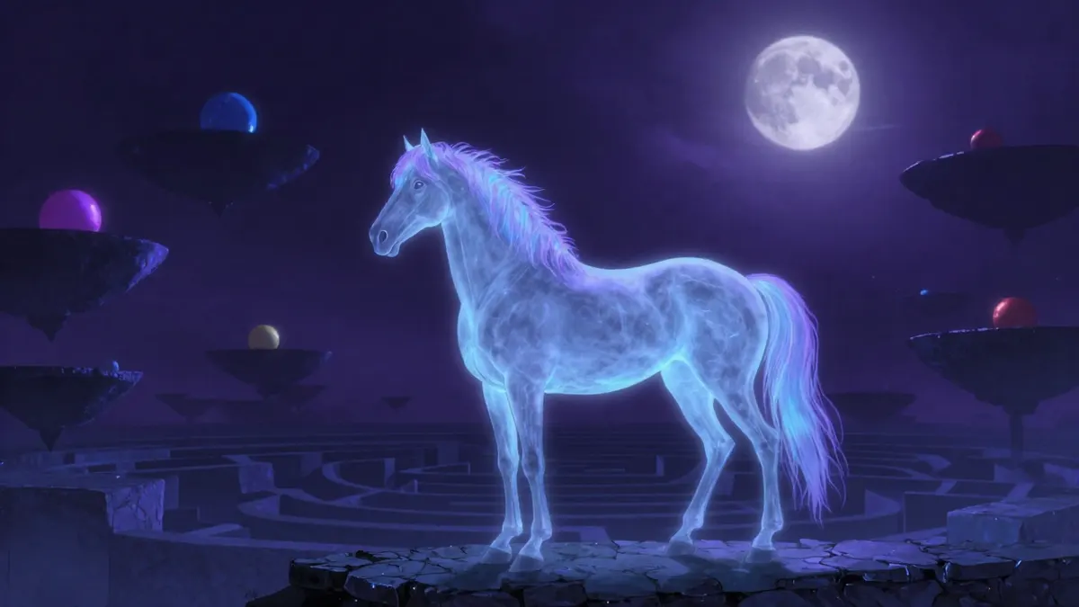A ghostly horse with a mane of glowing blue and purple light standing on a stone ledge in a dark maze of floating