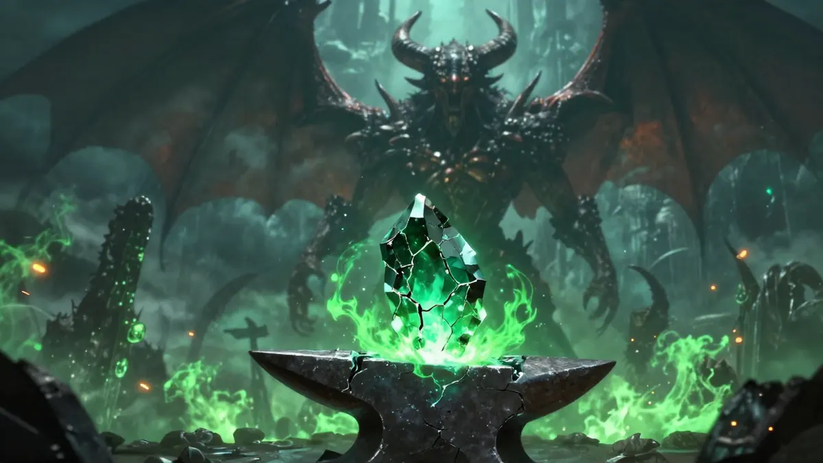 A cracked obsidian shard glowing with green fel energy on a dark iron anvil aboard a demon ship