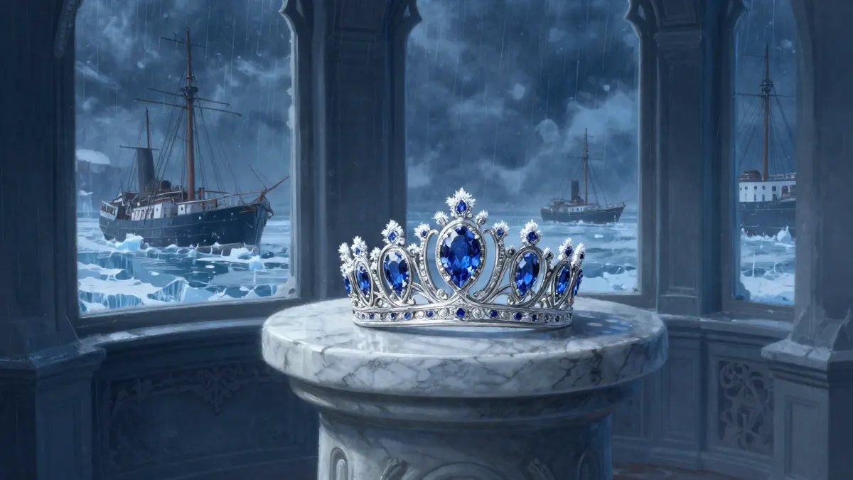 A marble pedestal holding a silver tiara and a frost-covered sapphire amulet in a sea fortress tower