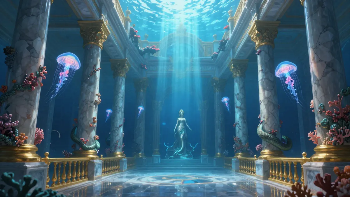 A grand sunken palace hall of marble columns and golden railings at the bottom of the sea