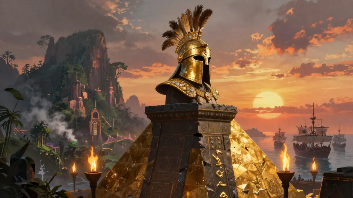 A heavy golden tribal war helmet with feathers and a jeweled gauntlet on a dark stone altar at the top of a golden pyramid
