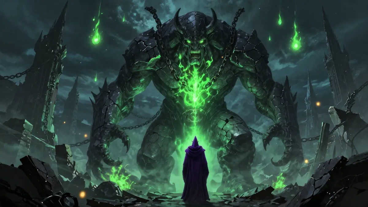 A huge infernal golem of black stone and green fel fire in a ruined elven city at night