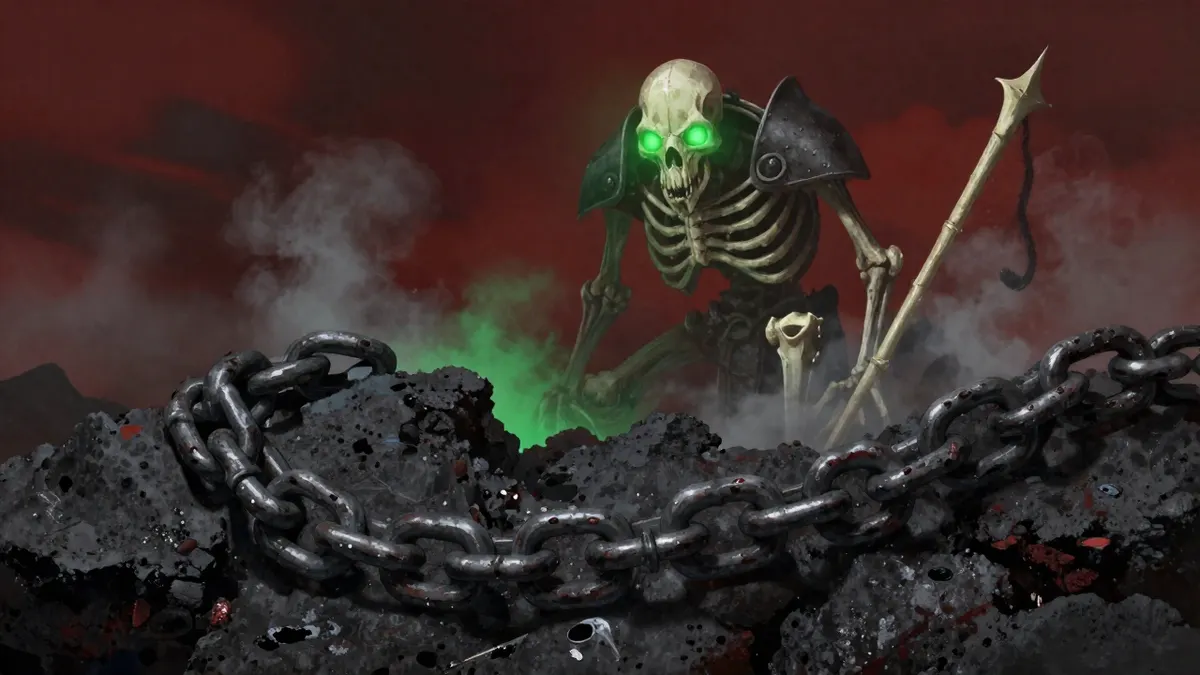 A heavy iron shackle with broken chain links on dark volcanic rock