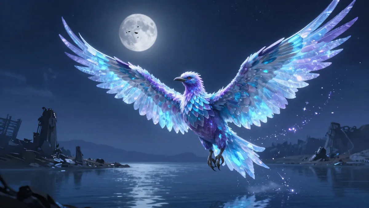A giant bird of violet and ice blue crystal feathers with luminous wings hovering over a moonlit lake