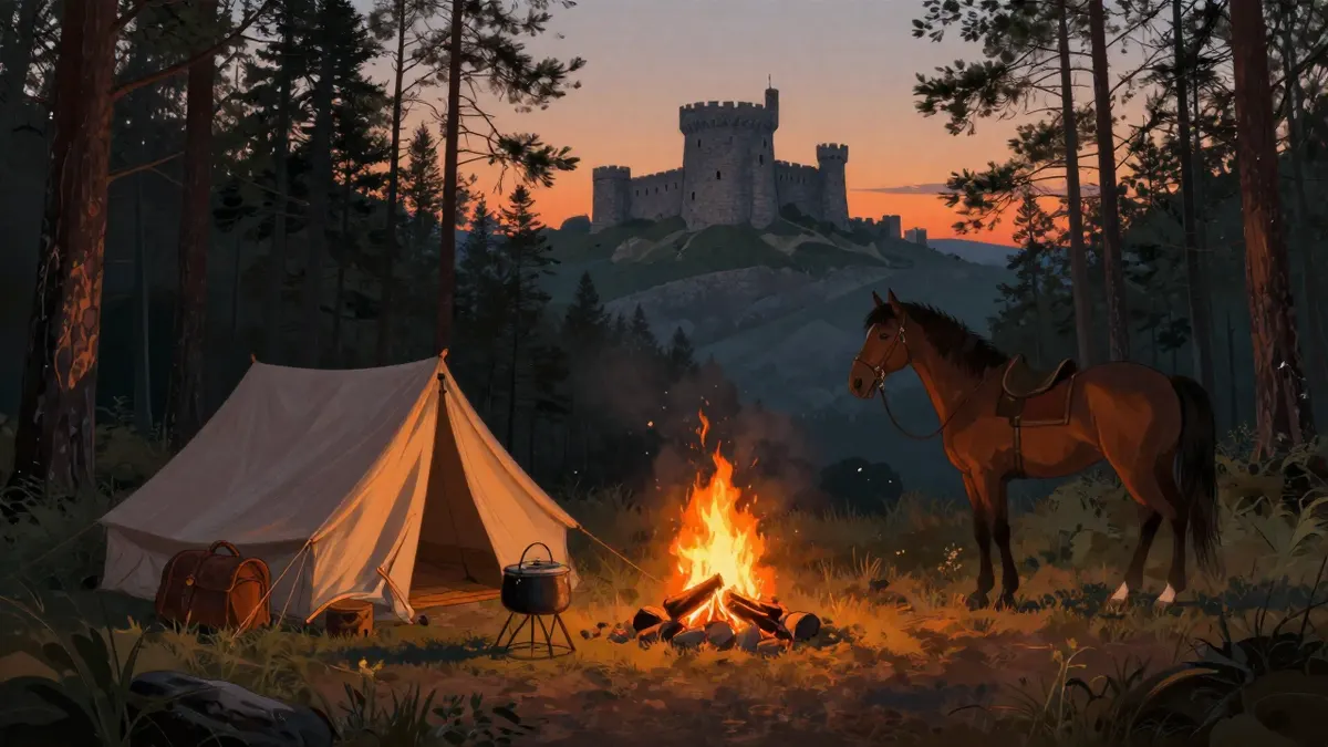 An adventurer's campfire camp at dusk on the edge of a pine forest, a canvas tent, an iron cooking pot