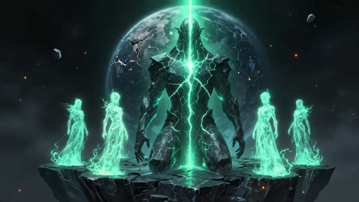 A towering obsidian titan split by cracks of blazing fel green light, kneeling on a floating rock platform in space