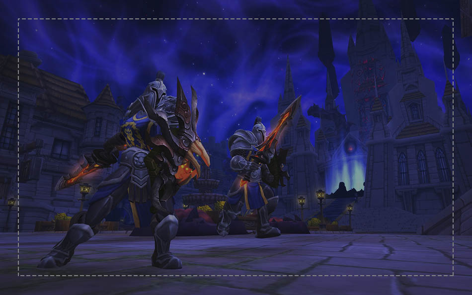 Two players fighting in a dark corrupted city during a Horrific Vision