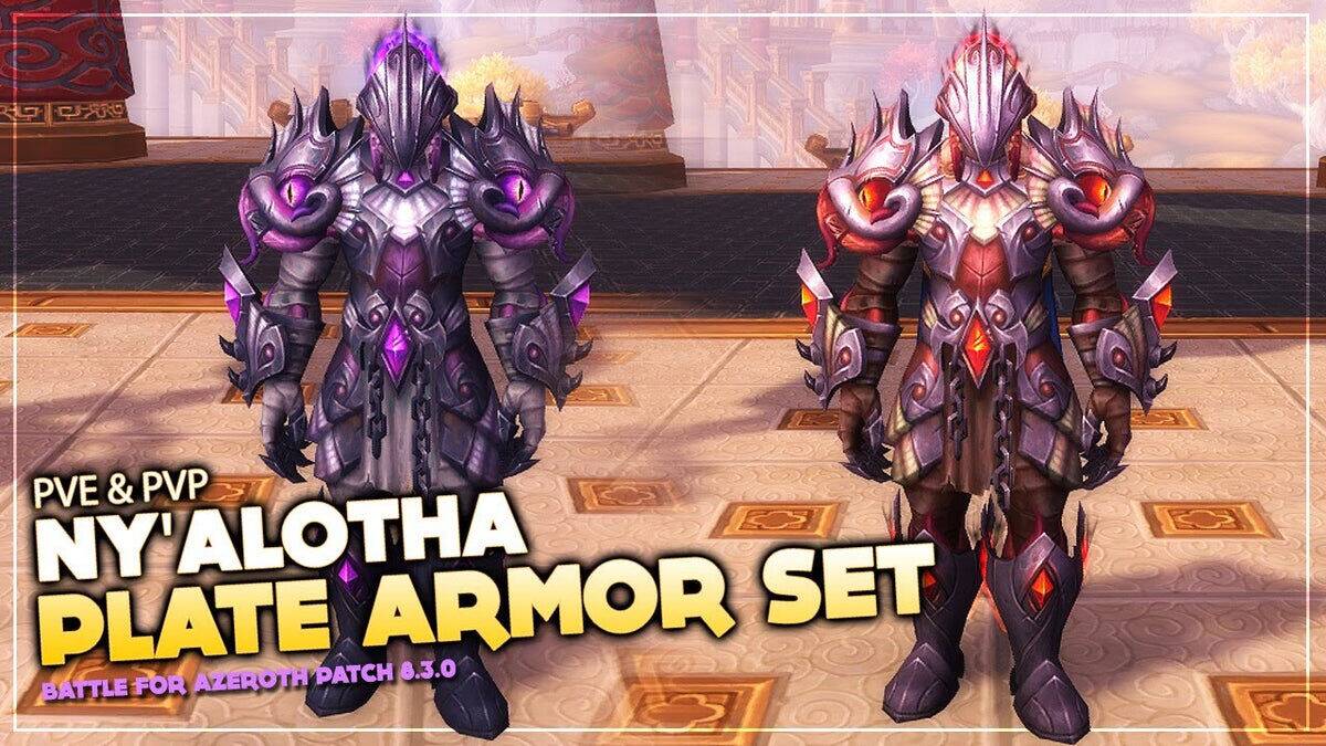 The Ny'alotha plate armor set shown on two characters
