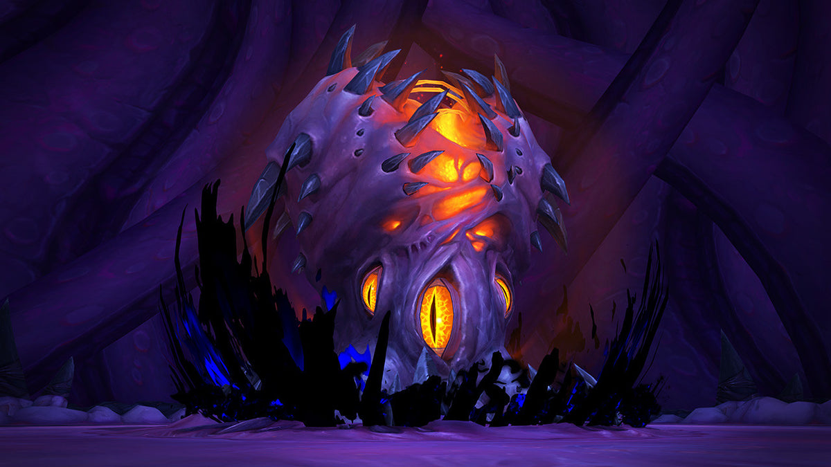 The glowing, eye-covered heart of N'Zoth in a purple cavern