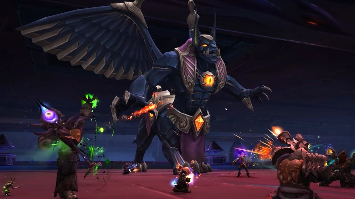 A raid group fighting a winged boss in Ny'alotha