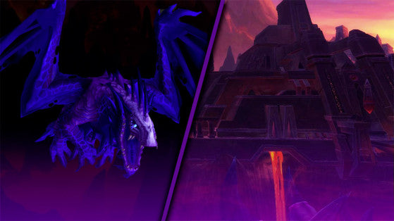 Vexiona, a violet void dragon, beside the black towers of Ny'alotha