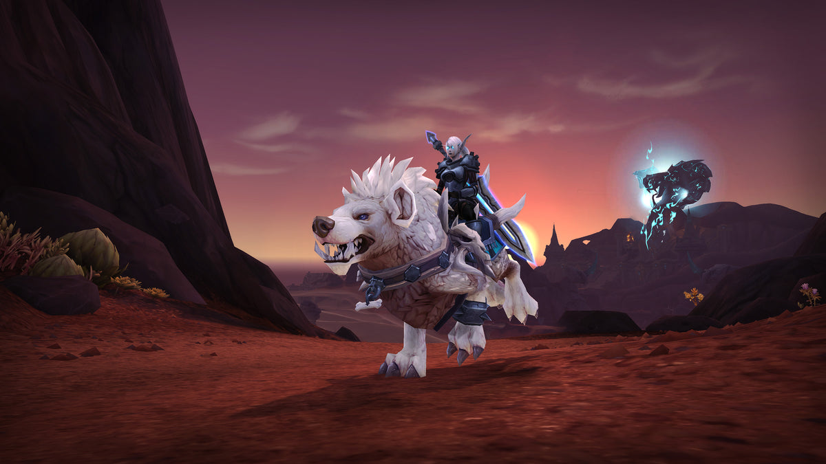 A player riding a white lion mount across the red plains of Argus